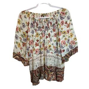 Democracy Bohemian Peasant Floral Blouse With Paisley Ruffled Trim- Size S